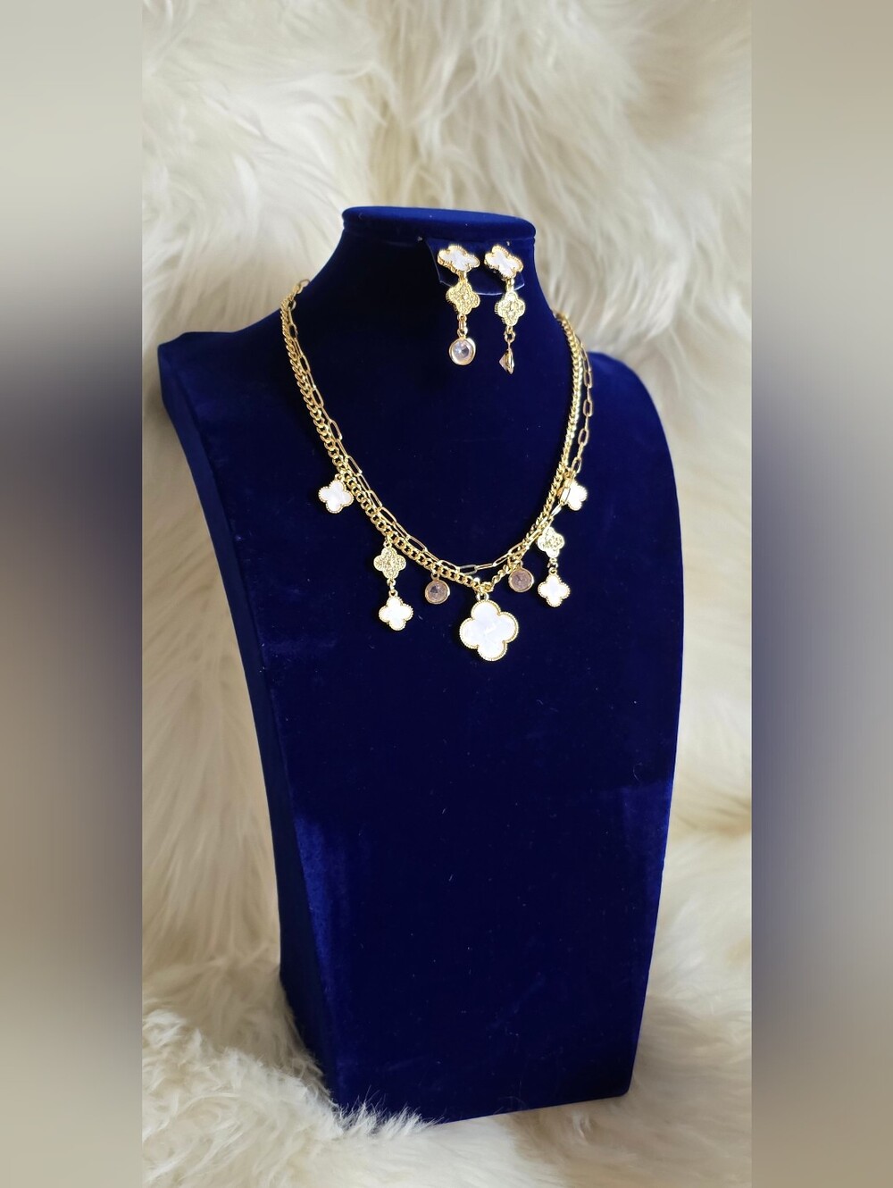Gold Plated Clover Charm Necklace & Earrings Set
